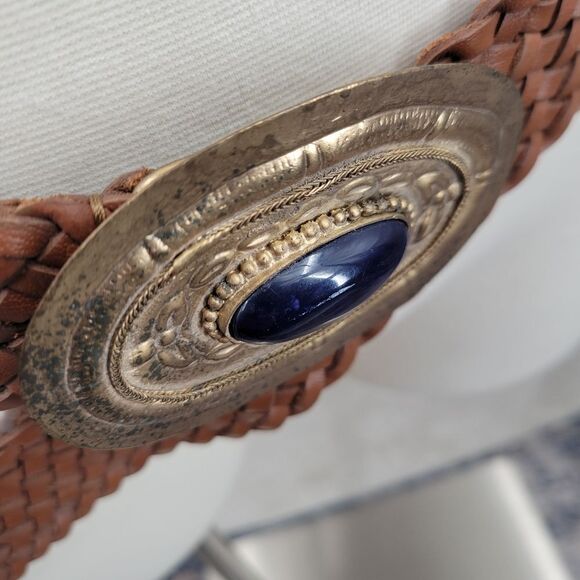 Vintage Brown Woven Belt with Gold Oval Buckle with Navy Blue Faux Stone